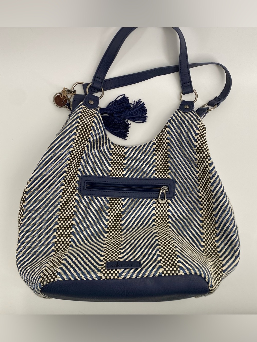Sakroots Navy and Cream Woven Shoulder Bag with Tassel